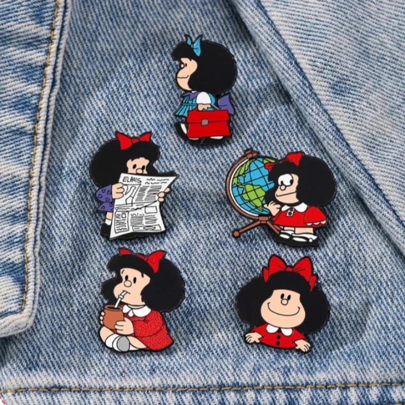5 Peças Broche de Personagem Fofo Anime Mafalda, Pin de Esmalte Personalizado, Acessórios de Metal para Mochila, Roupa e Joias, Presente