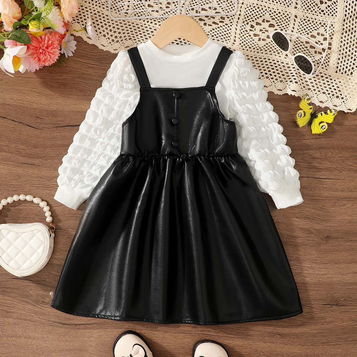 2pcs Children Girl Round Neck White Top+Black Strap Leather Skirt Set fit 4-7 Year Old Girls' Party Fashion Clothing