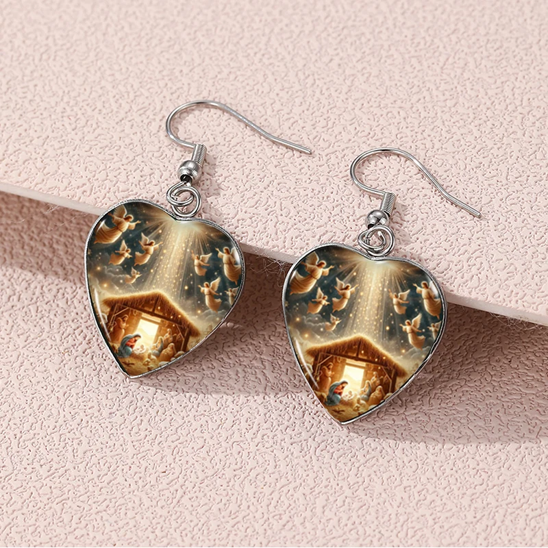 2024 New the Birth of Jesus Dangle Earring Heart Shaped Earrings Handmade Glass Dome Jewelry