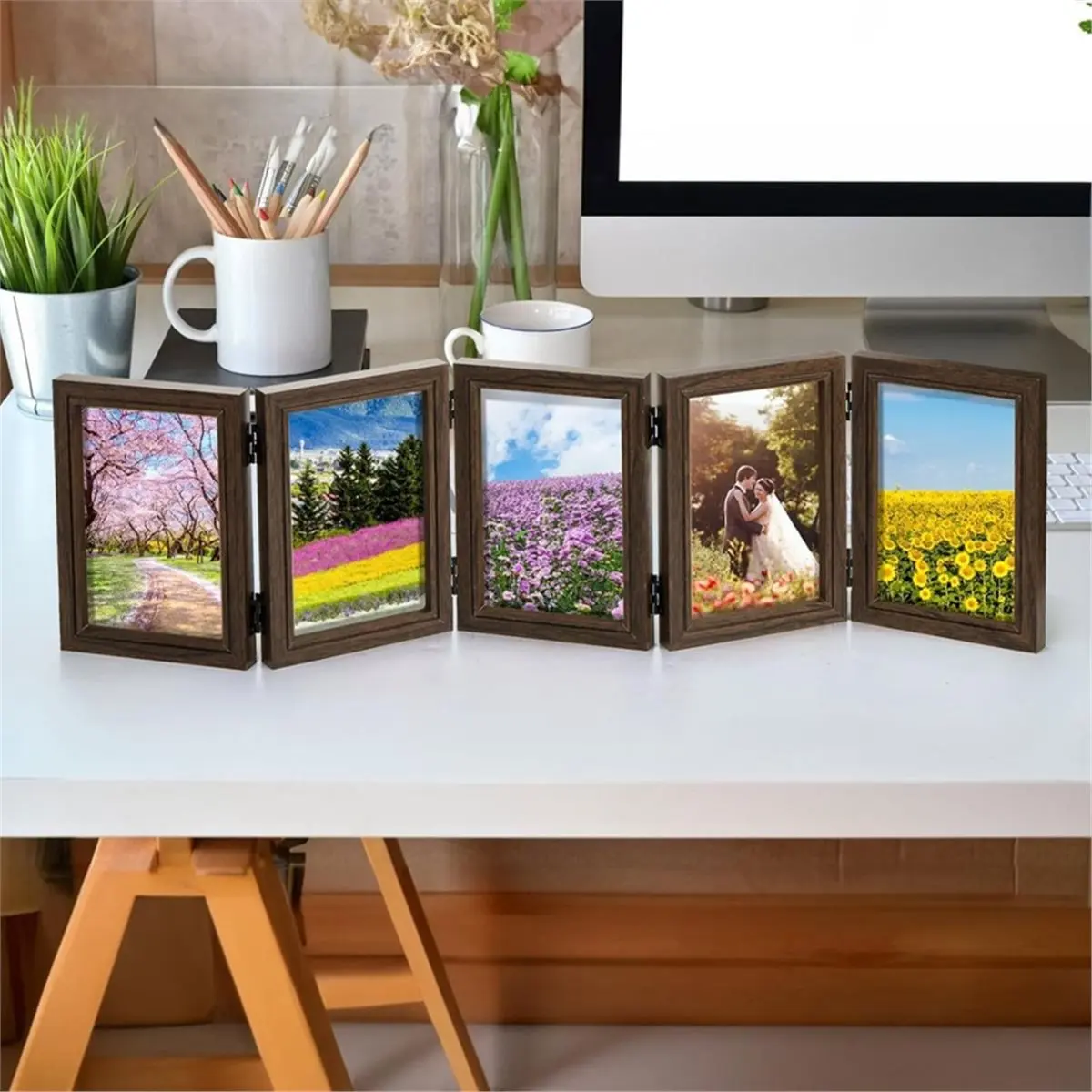 【HOT A88T】 4 X 6 Inch 5 Folding Accordion Picture Frame, Foldable Hinged Wood Photo Collage for Tabletop Display
