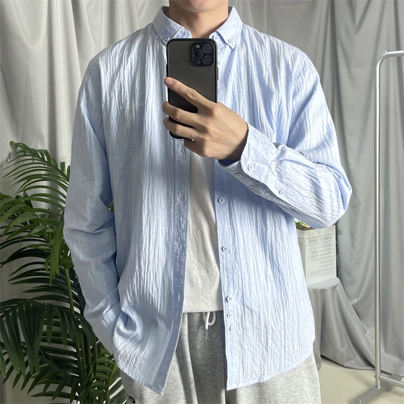 Camisa Clásica de Manga Larga para Hombre, Color Azul Claro, Mezcla de Algodón y Lino, Tela Tka Bubble, Informal, Ligera, Estilo Ejecutivo