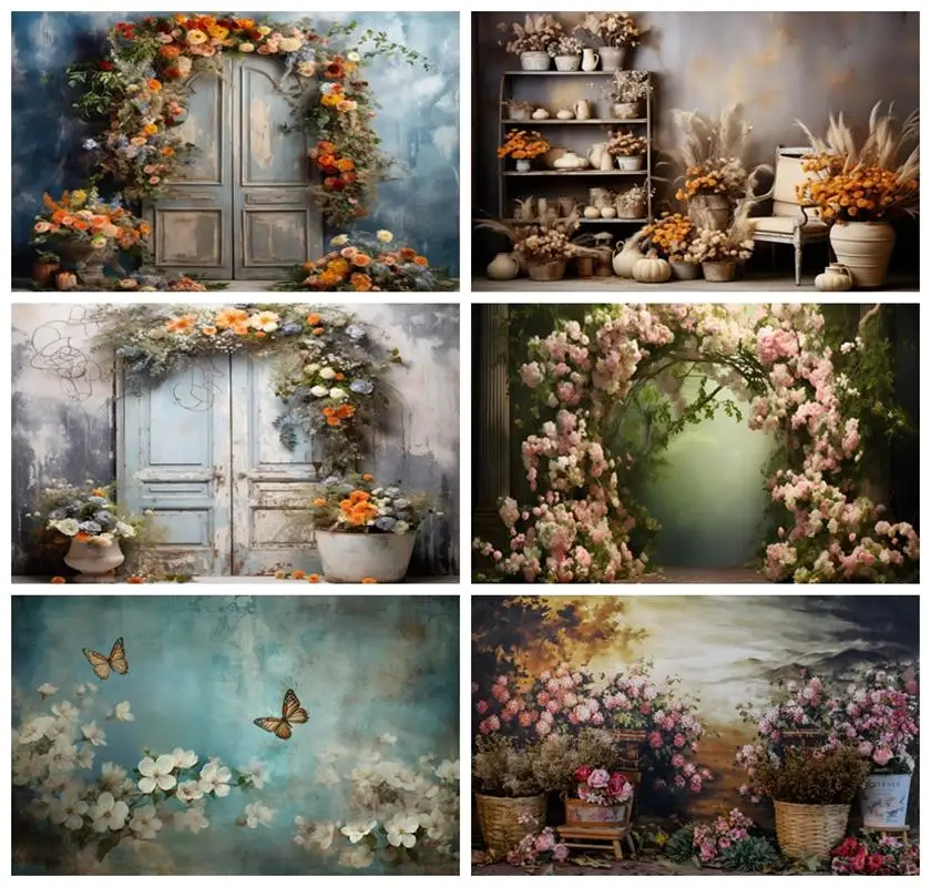 

Laeacco Vintage Pink Flowers Backdrop Oil Painted Style Wood Door Wedding Birthday Party Decor Portrait Photography Background