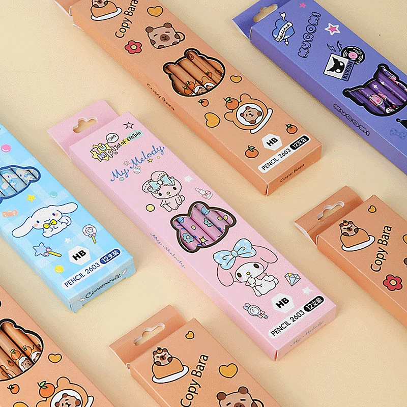 12PCS Cartoon Pencil Cute Kuromi Cinnamoroll My Melody Capybara Student Stationery School Supplies Student Prize Pencil