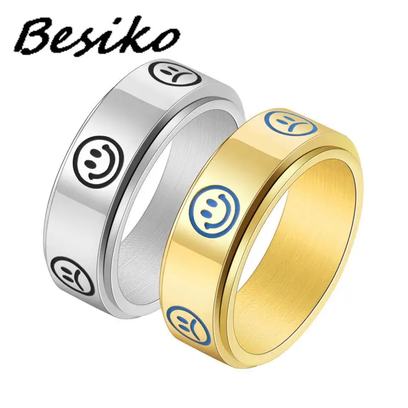 Besiko Anti Anxiety Titanium Steel Smiling Face Crying Expression Rotatable Ring For Women Men Stainless Steel Couple Rings