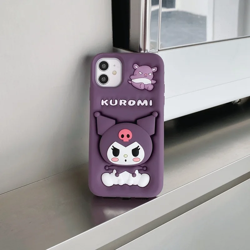 Bonito 3d kuromi cabeça aperto tok titular caso de telefone para iphone 15 11 14 13 12 11 dos desenhos animados anti-queda à prova de choque silicone capa macia