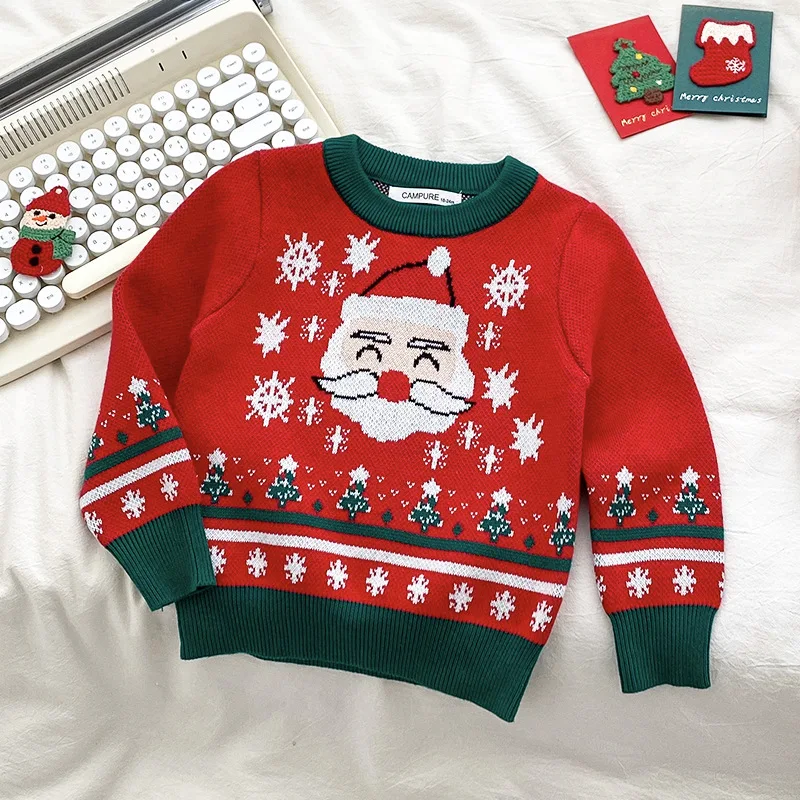 

MiniAinis Autumn Winter Girls Red Christmas Knitted Sweater Children Boys O-neck Snowflake Santa Claus Pattern Tops Kids Clothes