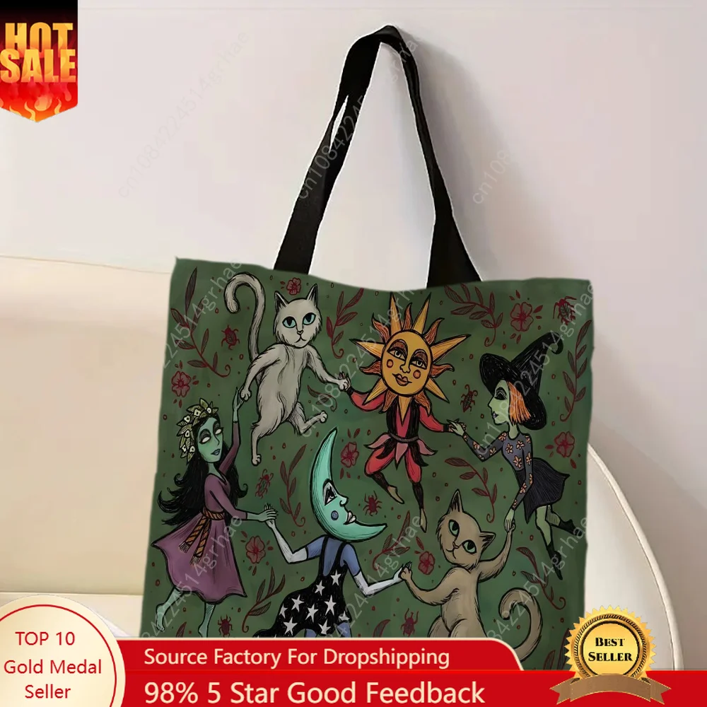 Enchanted Forest Night Shoulder Bag Whimsical Witch Cat and Moon Design on Dark Green Women's Tote Shopper Bag Beach Handbag6.11