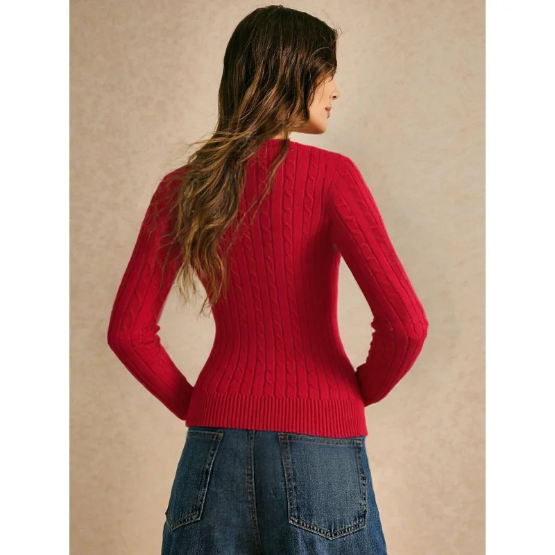 เสื้อสเวตเตอร์ไหมพรมคอวีทรงเข้ารูป แขนยาว สีแดง รุ่นใหม่สำหรับผู้หญิง ฤดูใบไม้ร่วงและฤดูหนาว YQ1