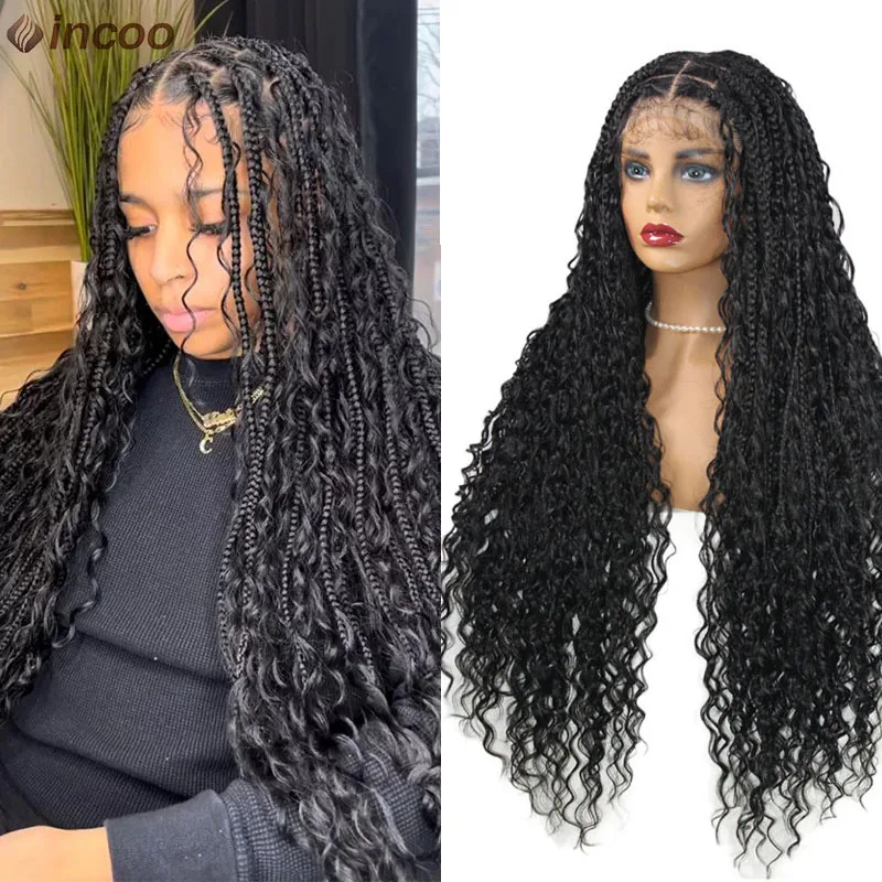 360 Synthetic Lace Front Box Braids Wig Bohemian Goddess Locs Braided Wig With Baby Hair Full Lace Braided Wigs Women Ombre Wig