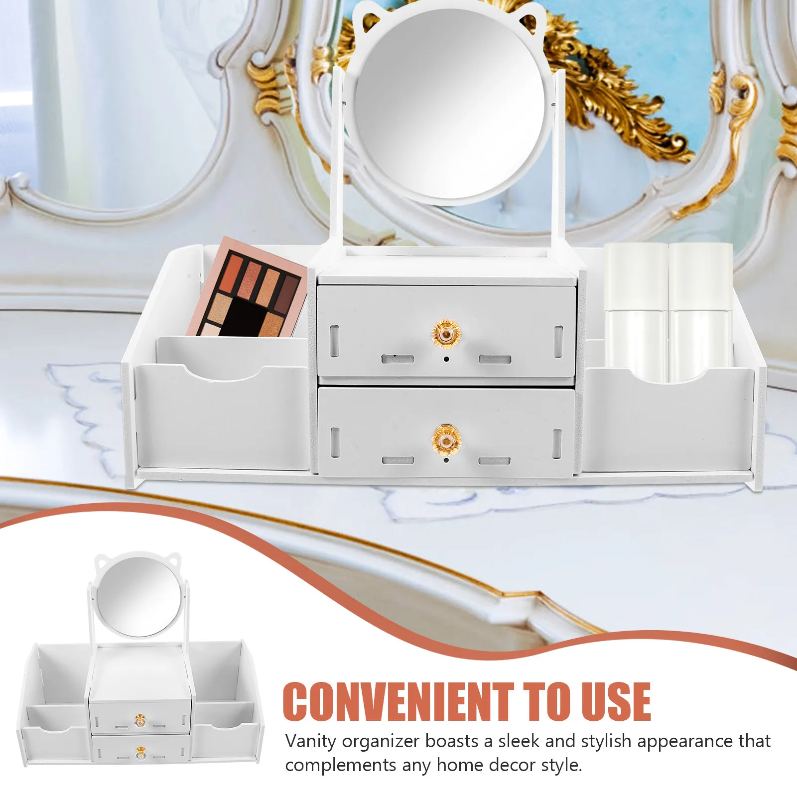Desktop Organizer with Mirror Space Saving Drawers Skincare Jewelry Organizer Countertop Storage Box