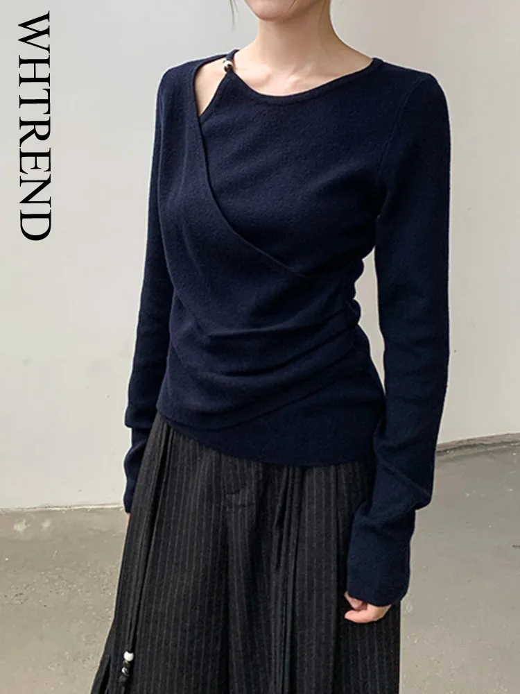 

WHTREND Irregular Fake Two-Piece Off-Shoulder Long Sleeve Knitted Sweater For Women Early Autumn Design Slimming Sweater WH1338