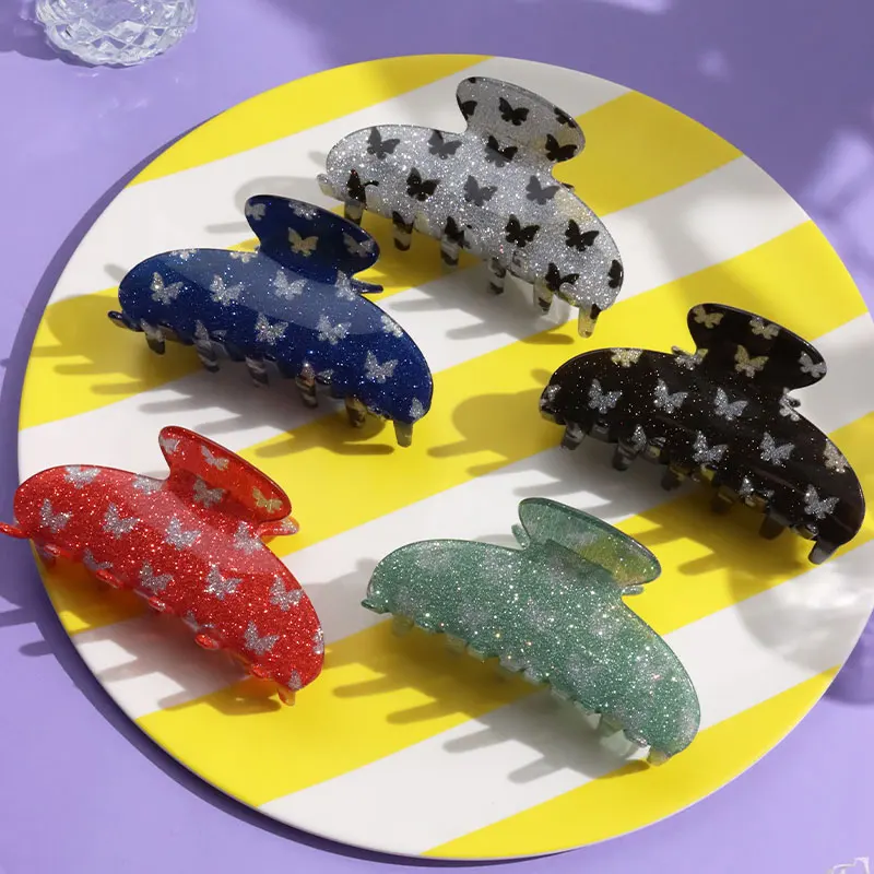 HANGZHI Fashion Glitter Shark Hair Claw Color Butterfly Y2K Headwear for Women Girl 2023 Summer Travel Outdoor Hair Accessories image 5