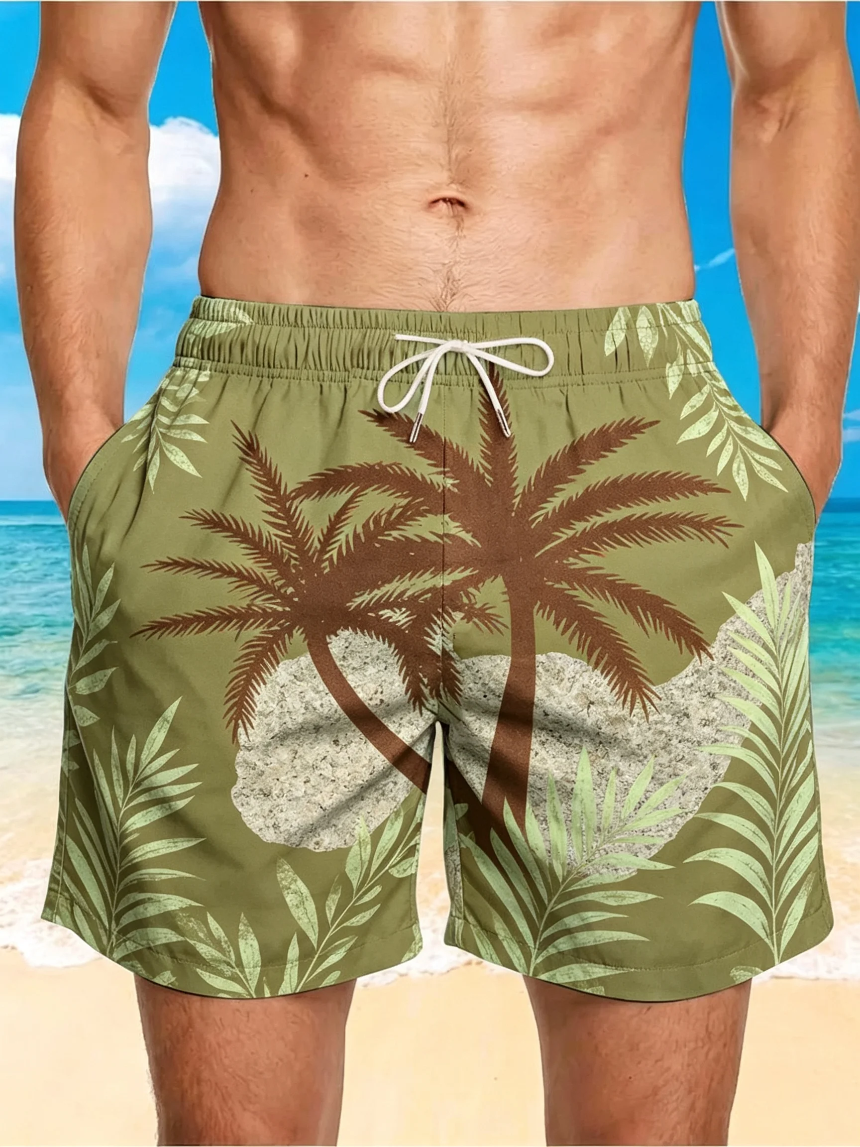 Men's Olive Green Coconut Palm Silhouette Print Loose Swim Shorts Elastic Pocket Beach Pants For Seaside Camping Summer Holiday