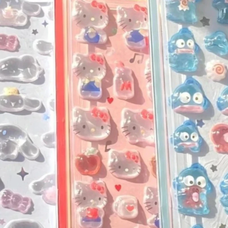 7 pegatinas 3D de anime Hellokitty Kuromi Cinnamoroll de Sanrio, pegatinas decorativas transparentes de gelatina de cristal para fundas de teléfono, juguete DIY para niños