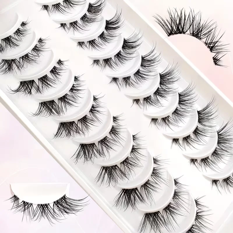 10 Pairs Transparent Band Cat Eye False Lashes – Extended Outer Corner Lashes, Faux Mink, Crossed, Curly, Fluffy, Natural-Lookin