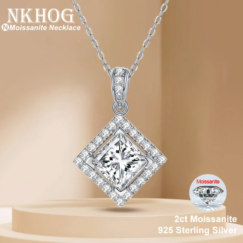 

NKHOG 2ct 7x7mm Princess Moissanite Necklace Pendant Women S925 Silver Plated 18k Gold Tested Diamond Chain Gift Fine Jewelry