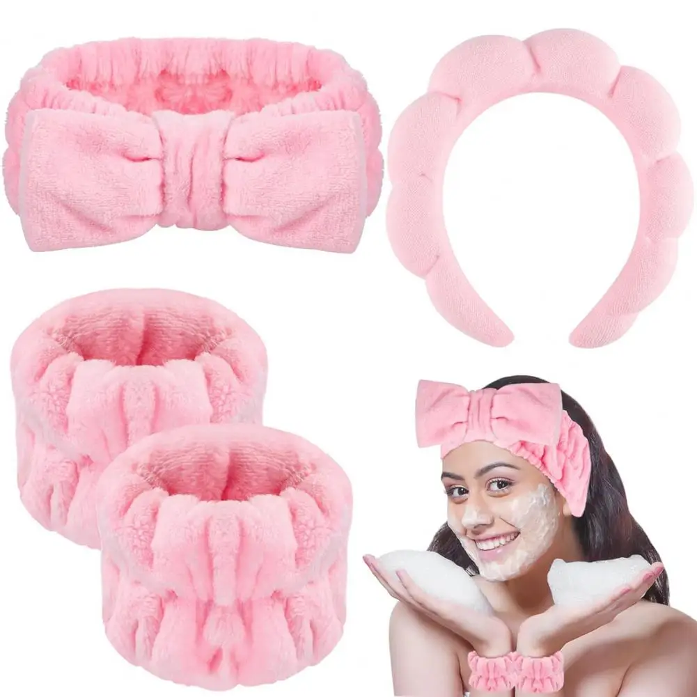 Thickened Sponge Headband Water Absorption Bow Headband Set Anti-slip Skincare Wristband for Makeup Removal Face Wash Sports