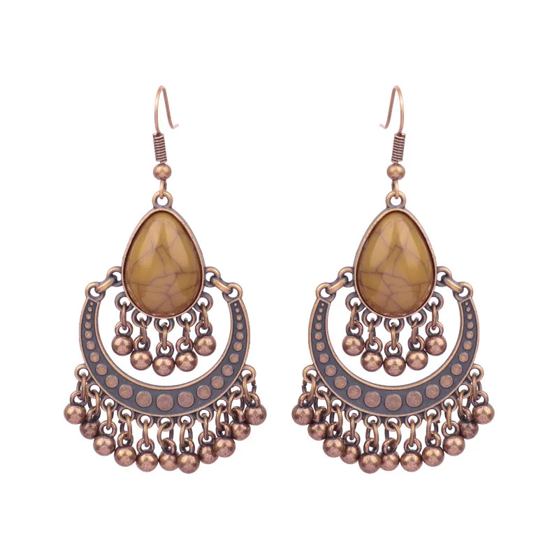 Geometric Hollow Alloy Retro Indian Bollywood Kundan Jhumka Three-layer Drop Earrings For Women Boho Ethnic Gypsy Earrings