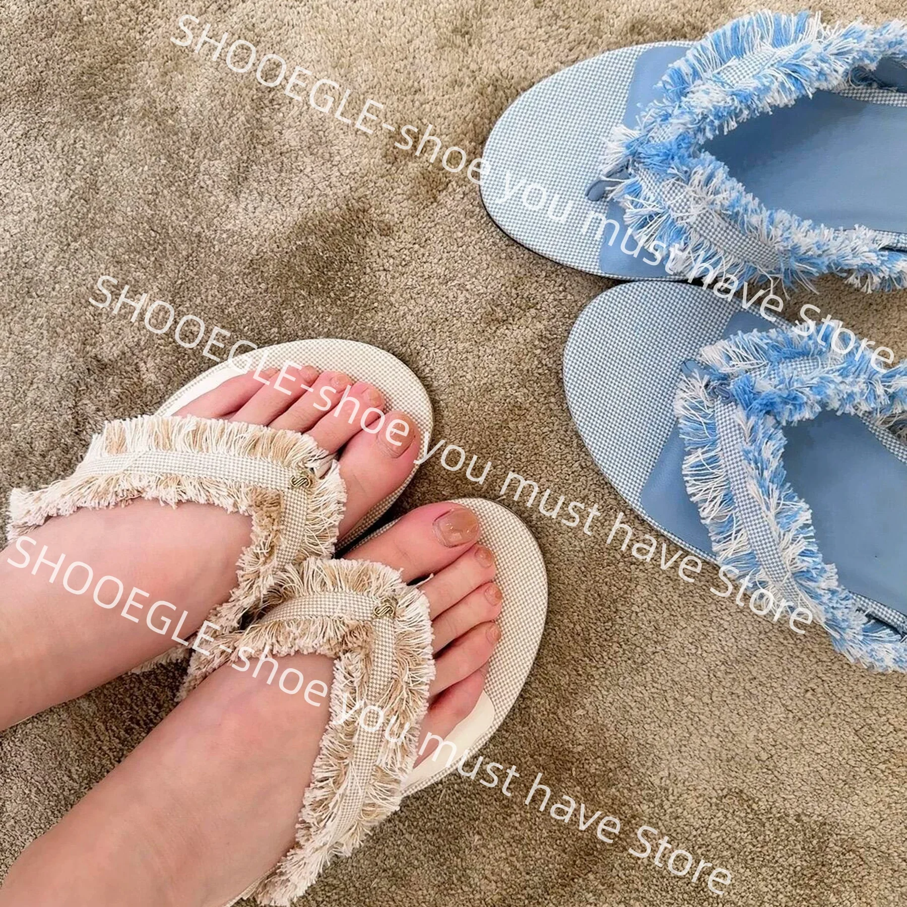 Sandalias Planas con Flecos Beige para Mujer, Diseño Clásico con Parte Superior Tejida, Elegancia Retro para la Playa, Pantuflas Diarias para Dama