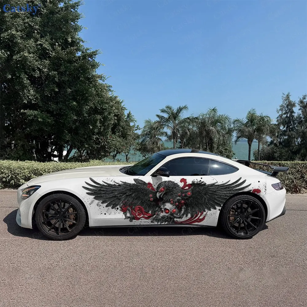 2pcs Raven Holding Skeleton Blood Car Side Wraps, Self-Adhesive PVC Waterproof & Scratch-Resistant Stickers, Car Accessory Gift