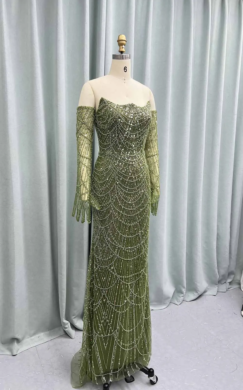 YQLNNE Elegant Greenery Beading Mermaid Long Evening Dresses with Gloves Women Wedding Party Gowns Saudi Arabia