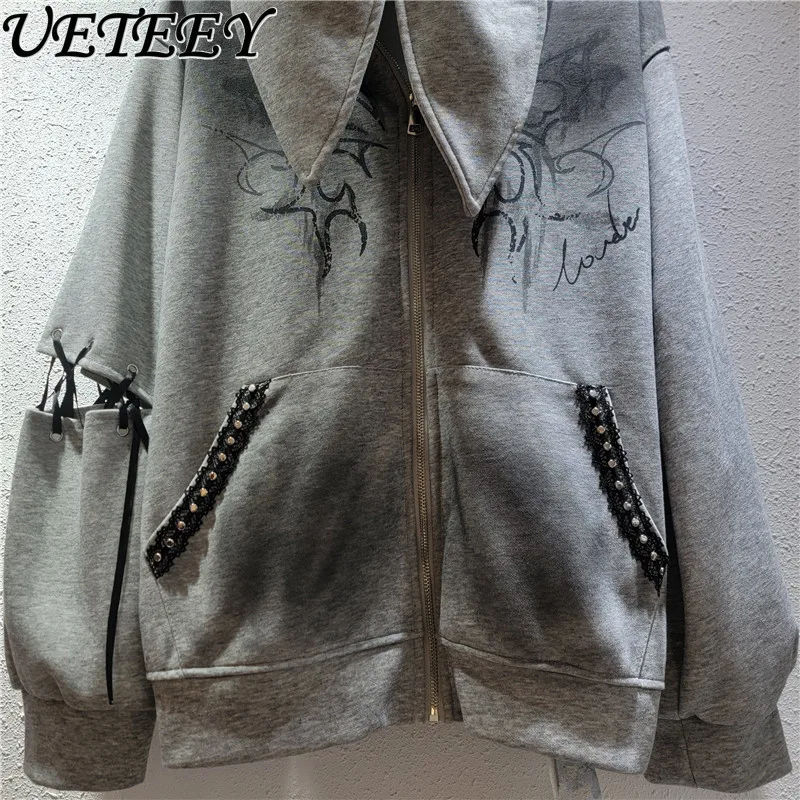 Bluza z kapturem z króliczymi uszami w stylu graffiti High Street dla kobiet, wiosenno-jesienna, subkultura Y2K, słodka, cool kurtka rozpinana, modna.