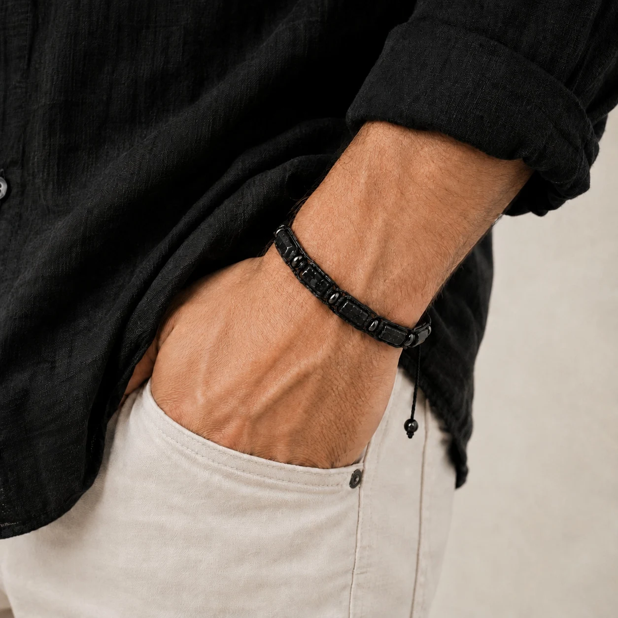 Schwarzes Turmalin-Armband Naturstein-Schmuck Personalisierte Armreifen Paar-Armbänder Herren-Armbänder Damen-Handaccessoires – Detail 1