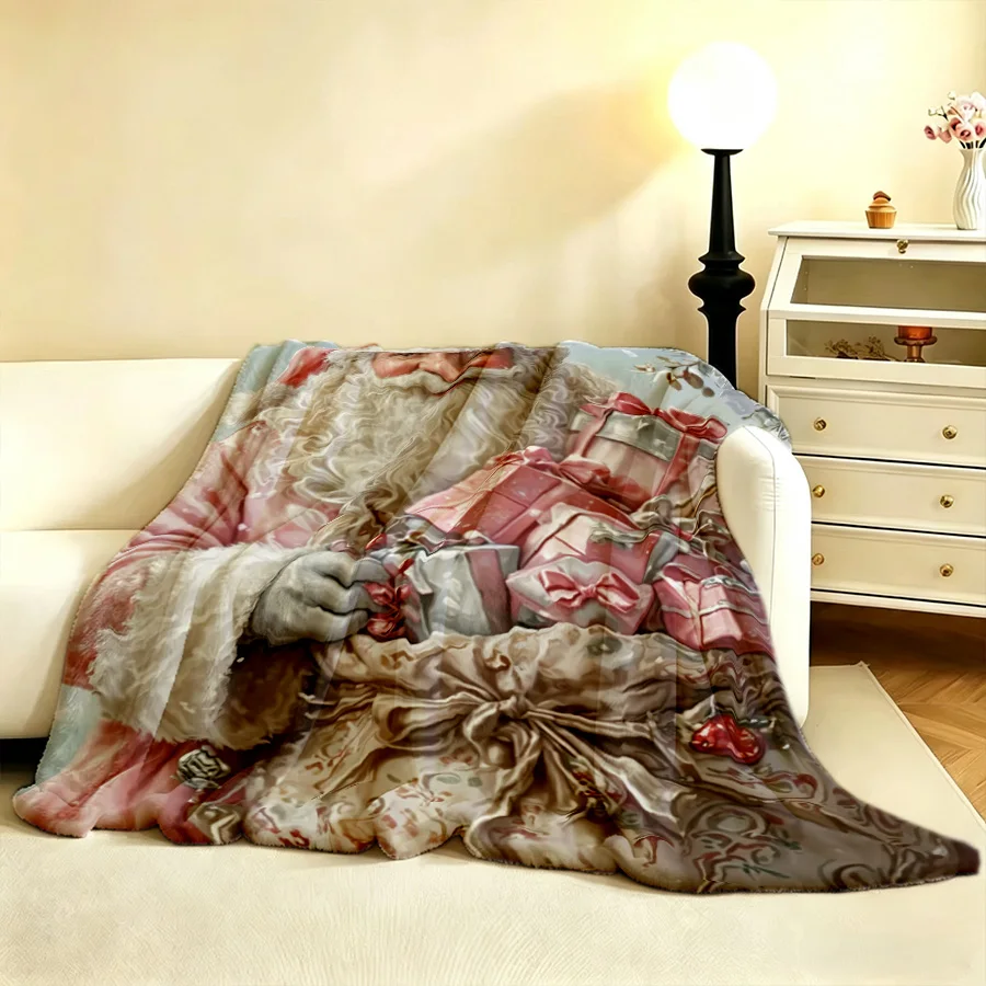 Christmas Vintage Pink Santa Claus Print Flannel Throw Blanket, Gift Sack 2D Single-Sided Printed Holiday Blanket