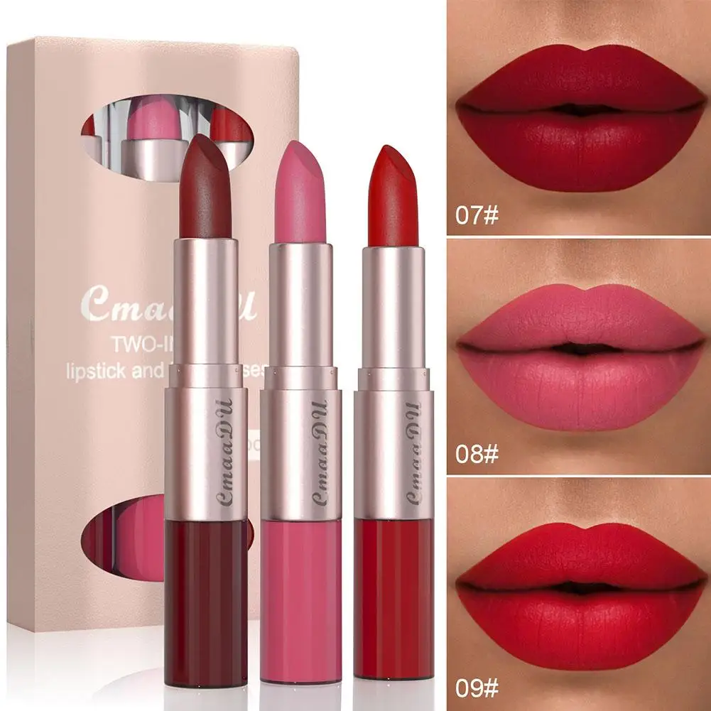 Brillo de labios mate 2 en 1, 3 uds., venta al por mayor, lápiz labial líquido barato, Kit desnudo, juego largo, maquillaje de labios duradero, brillo, maquillaje Sexy Lipst P7U4