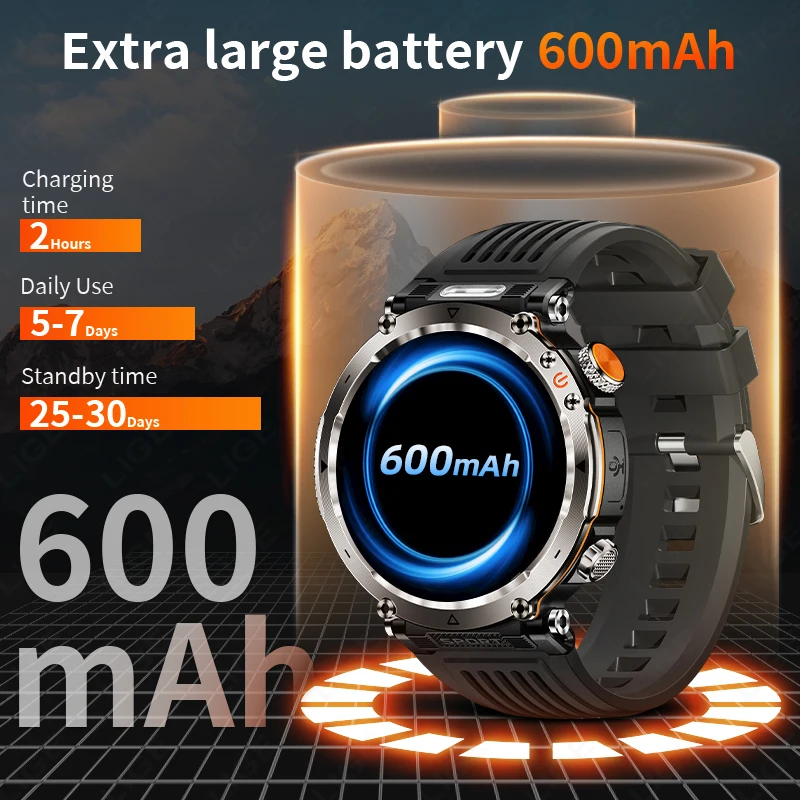 New 600mAh Battery Smart Watch Men's 1.7 inch Outdoor Sports LED Flashlight Compass Bluetooth Call Heart Rate Health Smartwatch
