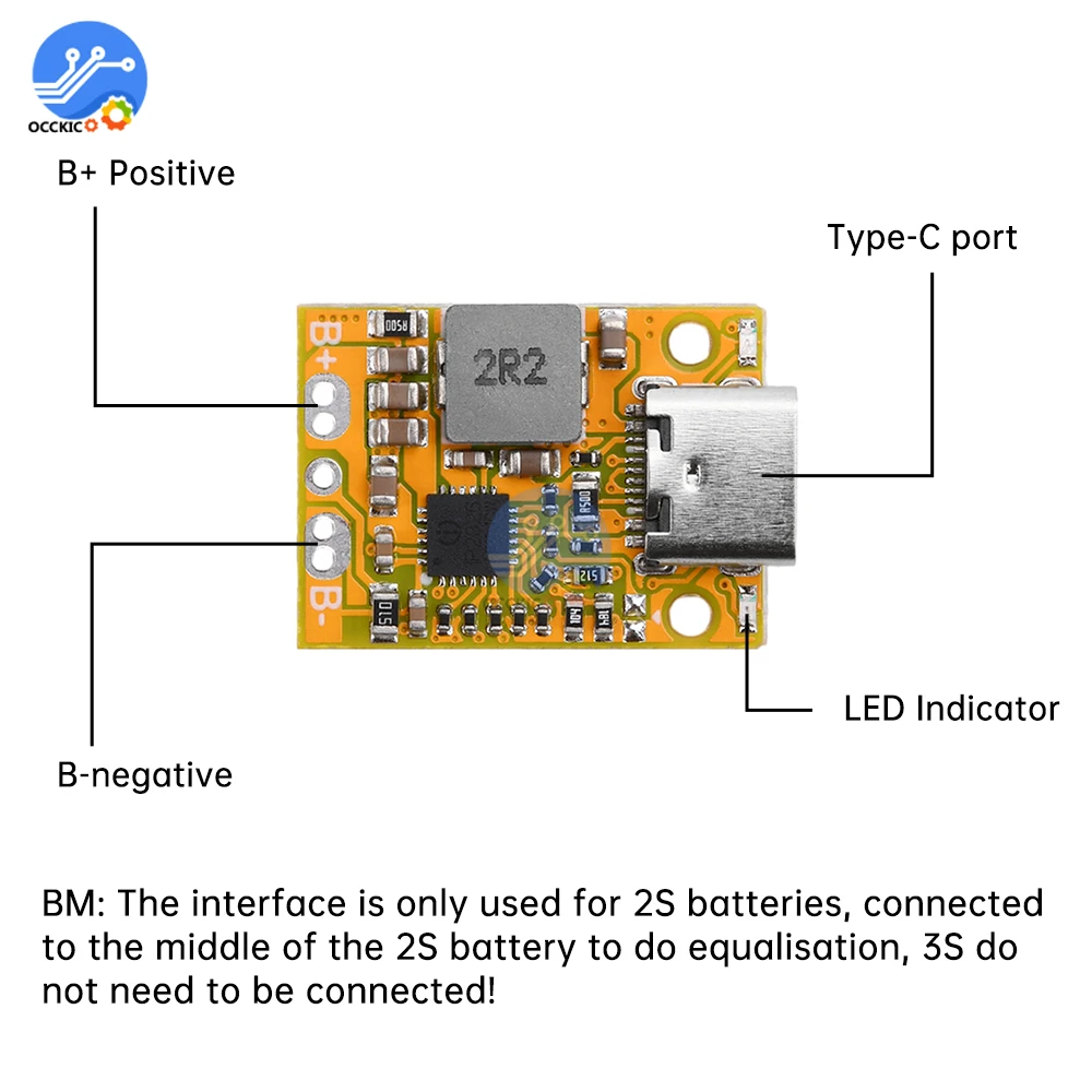 Type-C 2S 3S BMS Mini Lithium-ion 18650 Battery Charging Boost Converter Module  QC Fast Charge Board With Balanced/Indicator