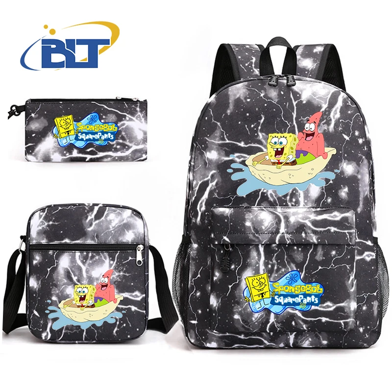 Miniso Bob Esponja Calça Quadrada impressa conjunto de bolsa escolar de estudante bolsa de ombro infantil bolsa de lápis mochila conjunto de três peças