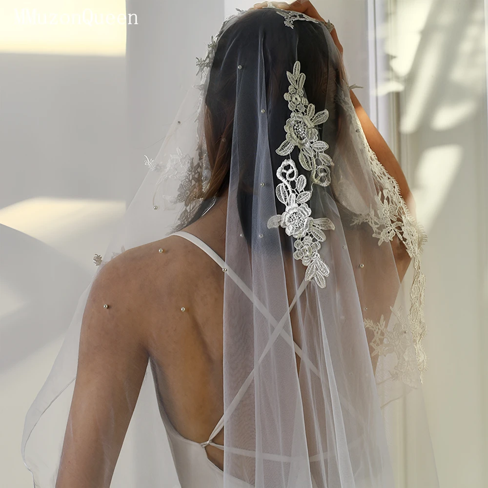 MMQ-Robe de Mariée en Tulle Blanc et Doux, Brodée de Perles Décorées, Voile de Patients, Accessoire de Chapelle pour Femme, M17