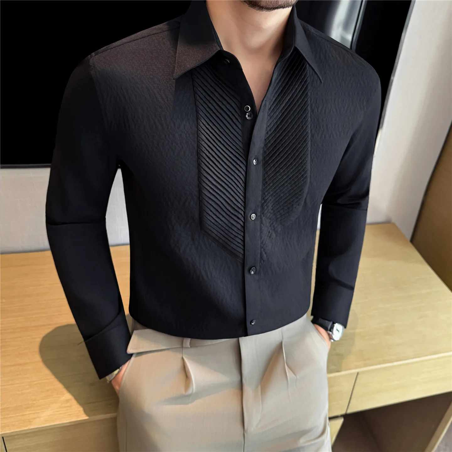 2025 Striped Jacquard Long Sleeved Shirt Men's Accordion Pleated Dress Shirt High-quality Casual Business Party Banquet Shirt