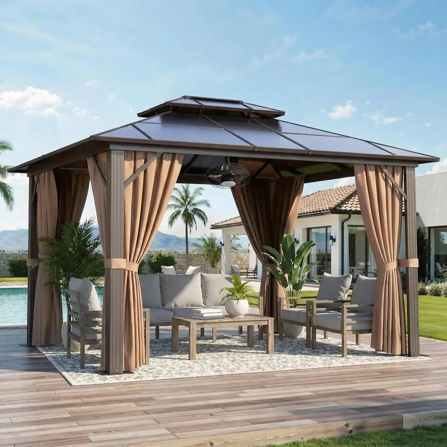 

10x12FT Hardtop Gazebo Aluminum Frame Polycarbonate Double Roof with Fan Curtains Netting for Garden Patio, Customized