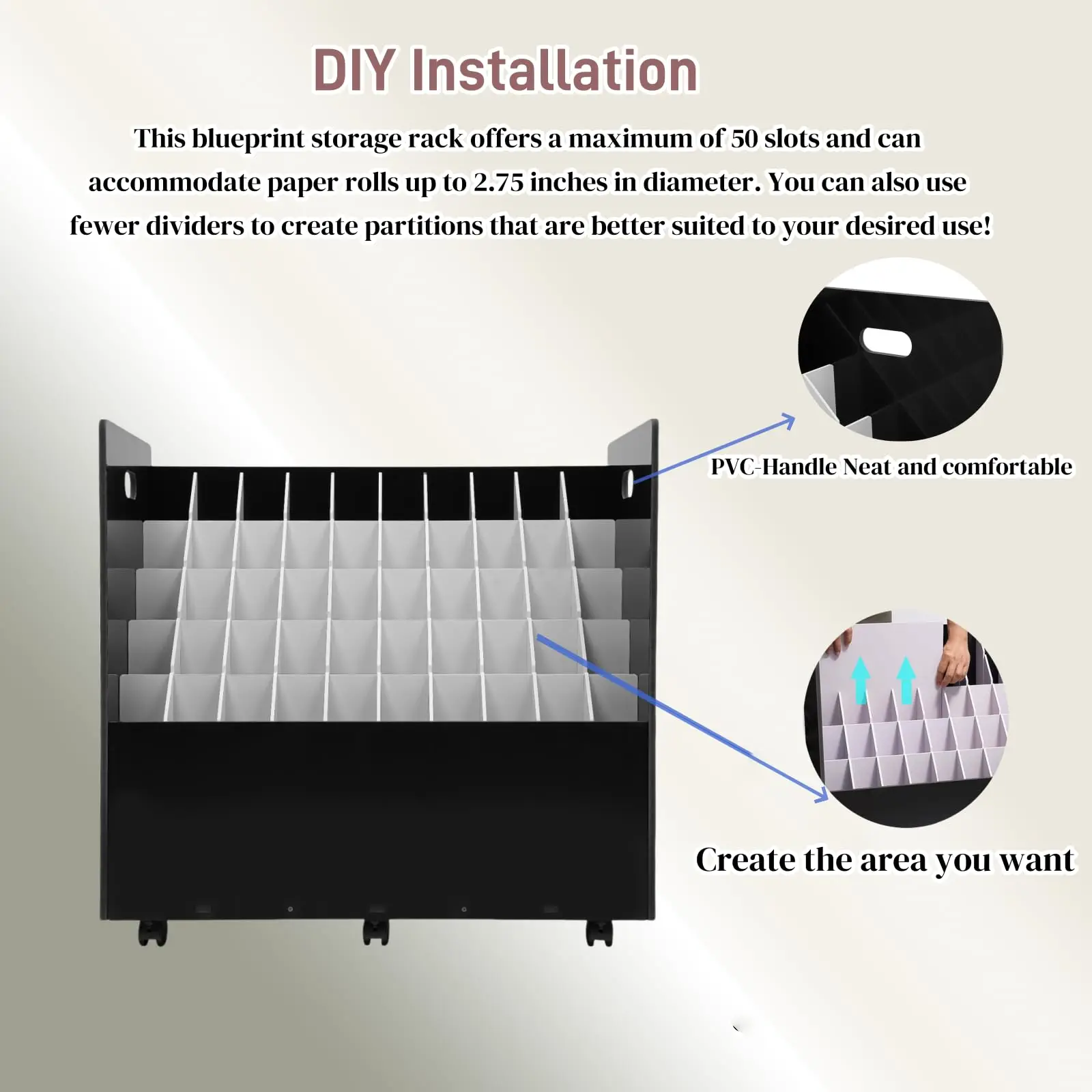 منظم تخزين الطباعة الزرقاء، منظم الملفات الملفوف 50 فتحة، عربة تخزين الملفات المتحركة، حامل المستندات الملفوفة للمكتب والمنزل،