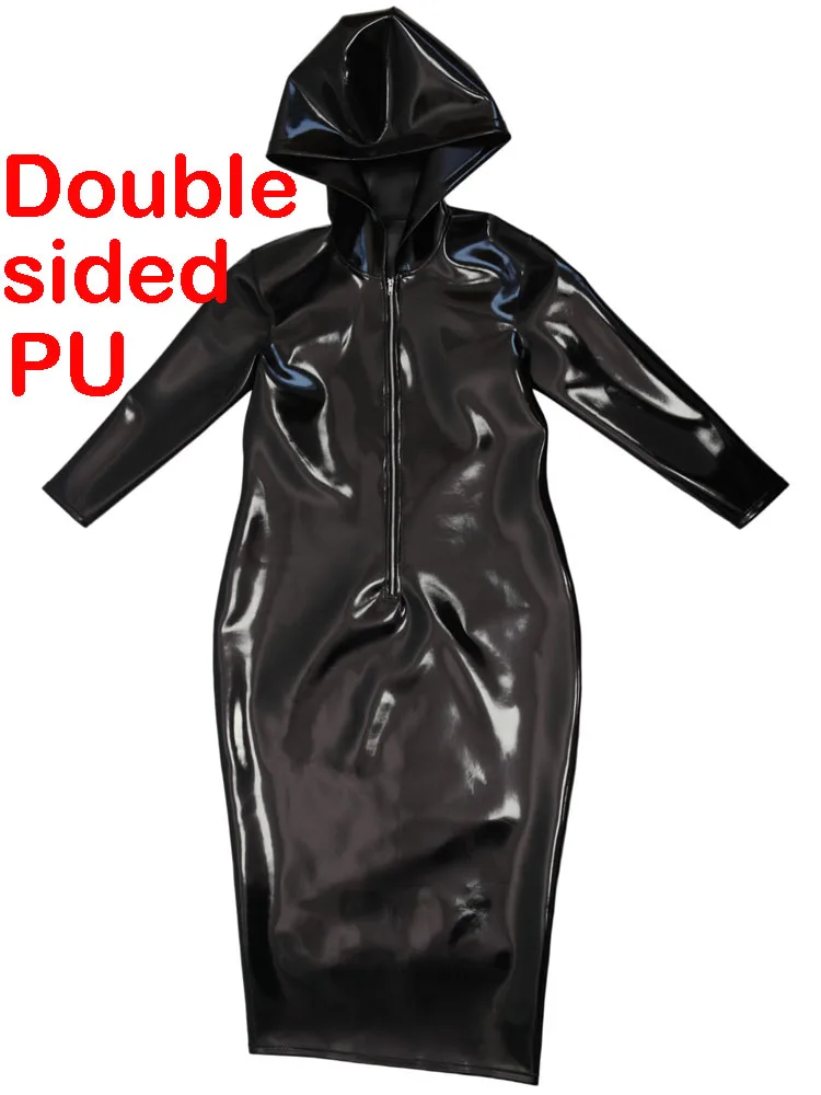 XS-4XL Doppelseitiges PU-Leder Midi-Kleid mit Kapuze, Langarm-Kleider im Wet-Look, PVC-Vestido, Enganliegendes Hüft-Minikleid, Einteiler
