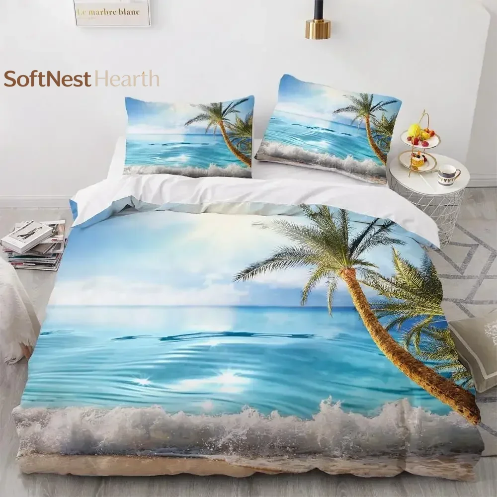 2026 Ocean Duvet Cover Set King Size Polyester Tropic Ocean Style Sandy Shore And Sea With Waves Escape To Paradise Theme Beddin