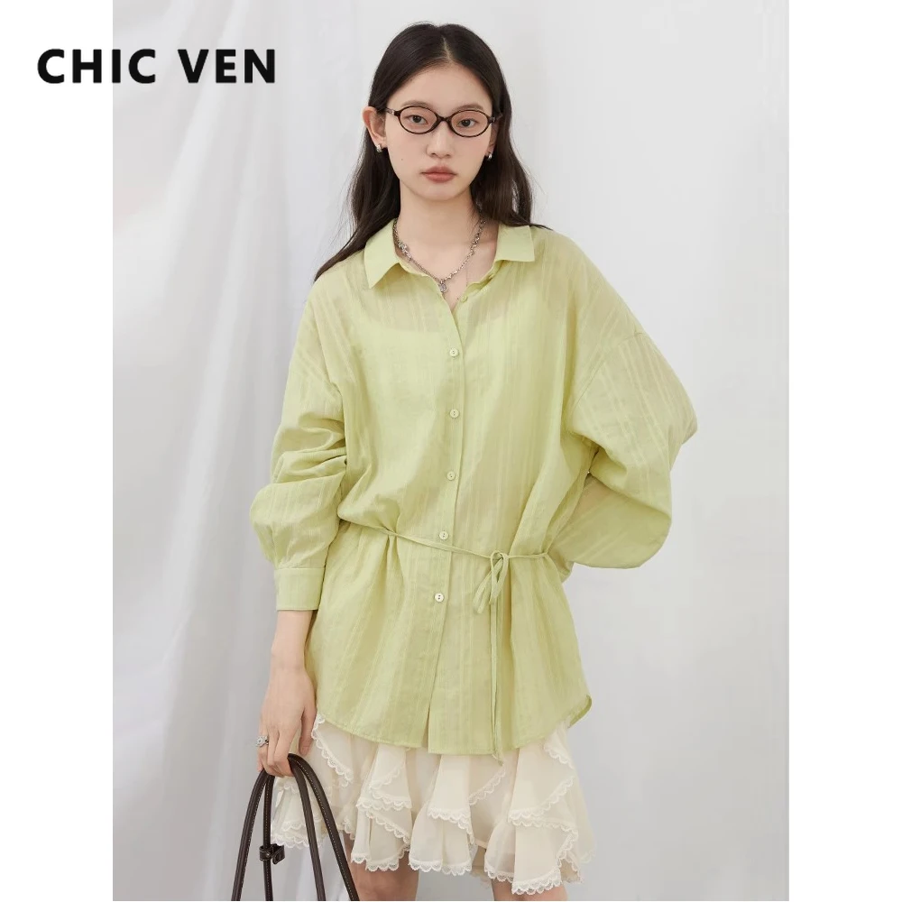 

CHIC VEN Women Shirts Korean Design Textured Cotton Striped Lace Blouses Female Loose Thin Tops Spring Summer New 2025