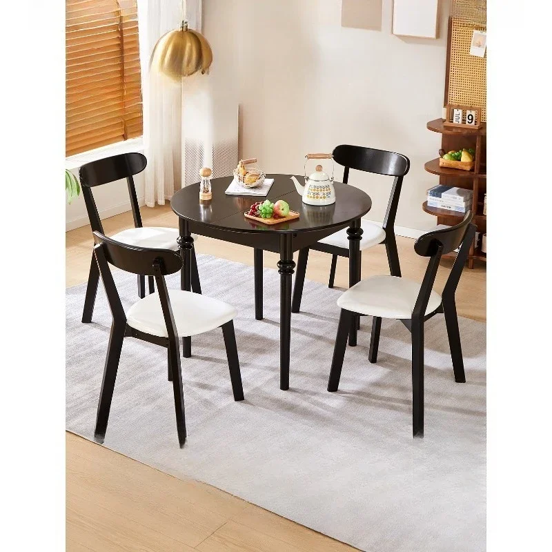 

Round solid wood folding dining table household small apartment cream style modern medieval black and white oval retractable