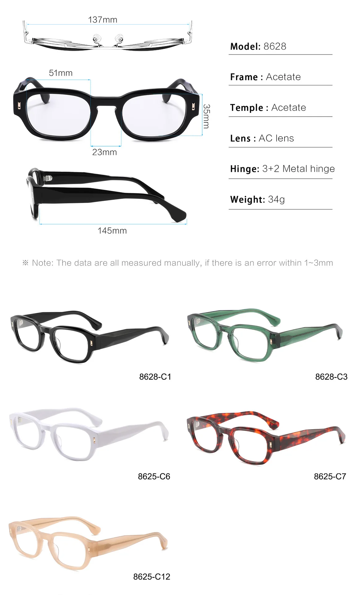 Xbora 8628 Eyeglasses — Frame Dimensions & Sizing Chart