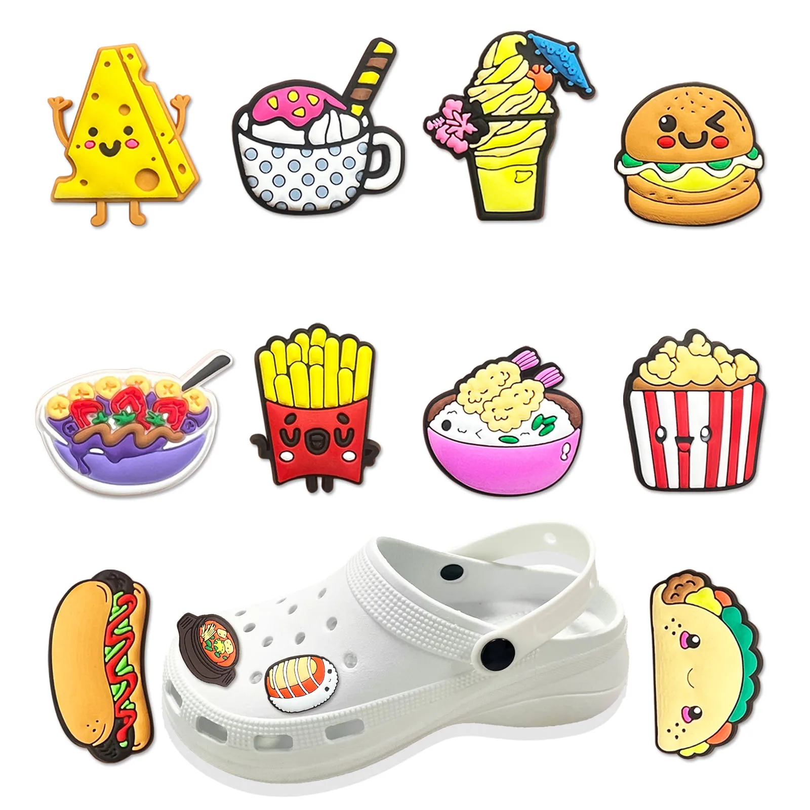 Dijes de Sushi de PVC para niños y niñas, accesorios de moda de 1 a 12 piezas, Dim Sum, pastel, sandwichera, hebilla de zapato, comida Yummy, gran oferta