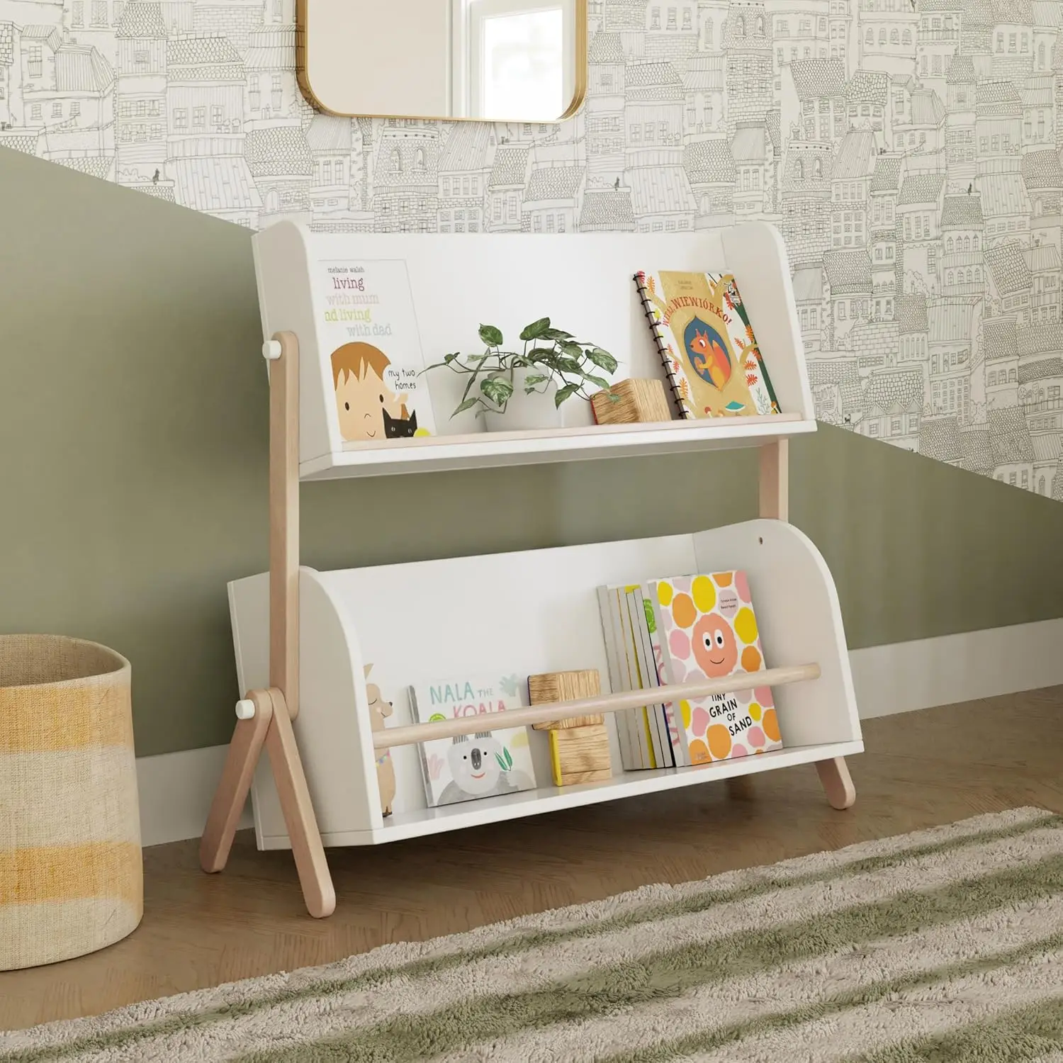 Baby count storage shelvesTop shelf designed for displaying favorite books with lower storage cubbie for storing books, dolls