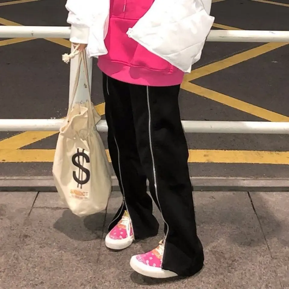 

Брюки уличной одежды женские летние модные полная длина с высокой талией популярные девушки с боковым разрезом повседневные черные студенческие мешковатые удобные распродажа новые