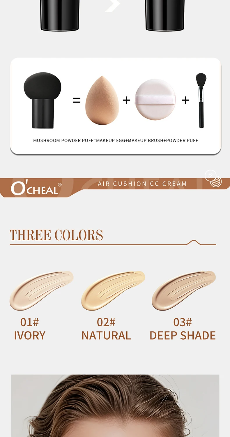O'CHEAL Mushroom Cushion CC Cream Gesichts-Make-up Luftige Abdeckung Langanhaltend Feuchtigkeitsspendend Wasserfest Ölkontrolle Concealer BB Cream – Detail 10