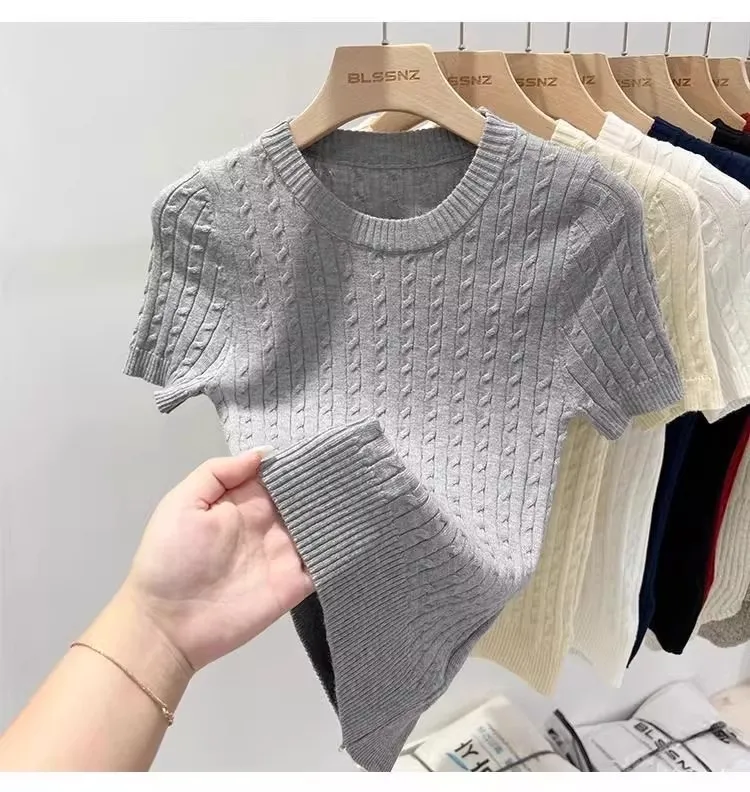 Zjaiss 2026 Summer Korean Retro Elegant Texture Short Sleeve O-Neck Twist Knit Top Women Soft Casual Versatile Thin T-shirt