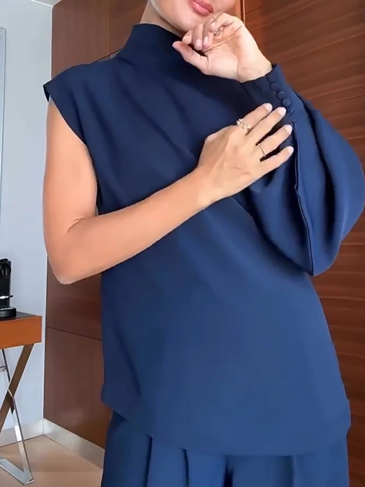 

Осенний комплект с открытыми плечами для поездок на работу, простой однотонный повседневный костюм, женский комплект с диагональным воротником, топ с длинными рукавами и широкие брюки, новый комплект