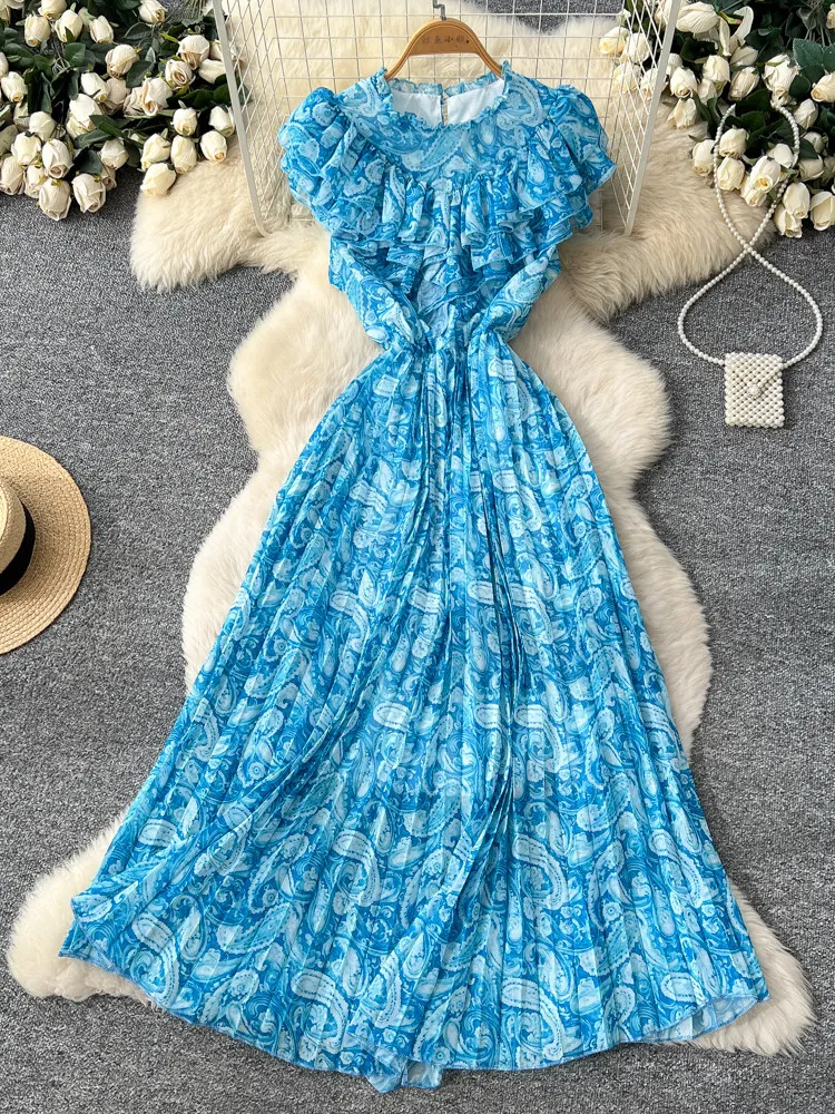 

Новое летнее женское платье 2026 года с круглым вырезом, без рукавов, многослойными оборками, пэчворком, завышенной талией, принтом, А-силуэт, длинное, плиссированное