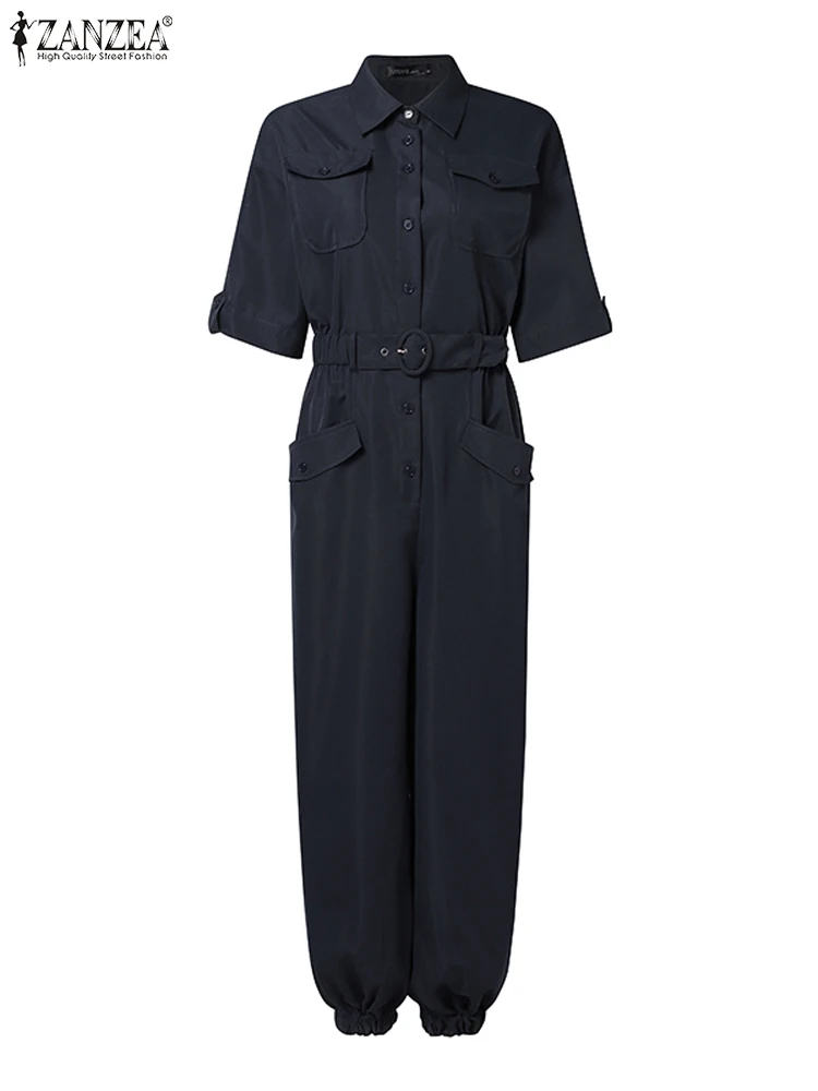 ZANZEA Fashion Women Jumpsuits Elegant Solid Cargo Rompers Casual Lapel Neck 3/4 Sleeve Long Overalls Female Party Playsuits