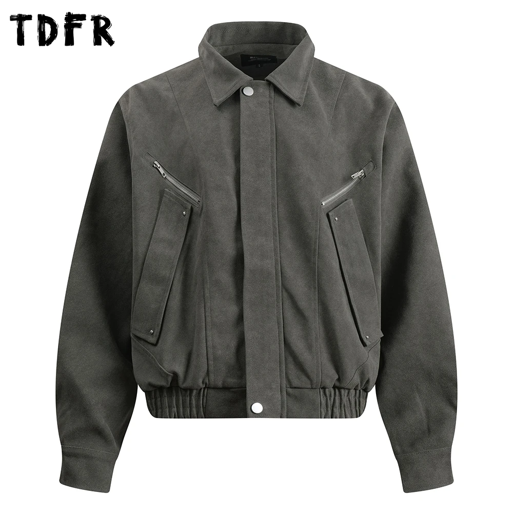 

Retro Pocket Cargo Jacket Mens Zipper Decoration Autumn Winter Spliced Long Sleeve Lapel Outerwear Man